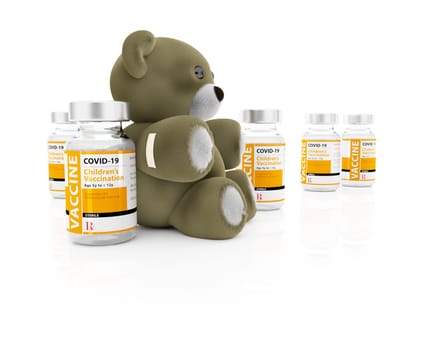 3D Illustration of COVID-19 Vaccine for Children Vials and Teddy Bear with Bandage on White Background.
