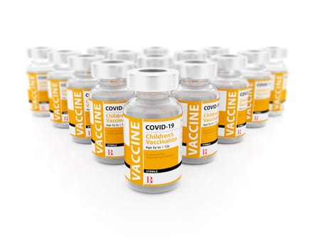 3D Illustration of COVID-19 Vaccine for Children Vials on White Background