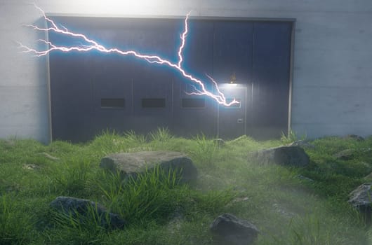 3D Illustration of Lighting Charge Coming From Cement Wall and Iron Door with Windows Surrounded by Large Rocks in Field.