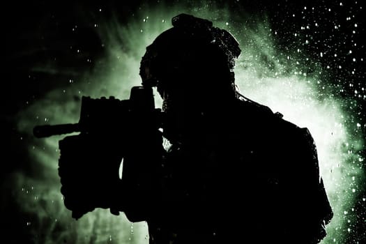Anti terrorist squad fighter, army special forces rifleman in battle uniform, tactical radio headset, backpack, body armor, aiming service rifle with collimator sight, sneaking in darkness under rain in the dakrness, silhouette in the dark