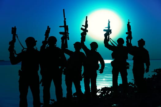 Army soldiers with rifles moon night silhouette