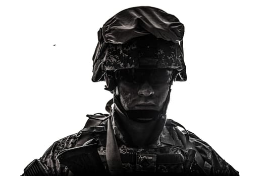 Shoulder portrait of modern army infantry soldier with dirty face in digital camouflage battle uniform, combat helmet, tactical sunglasses looking at camera desaturated, isolated on white background