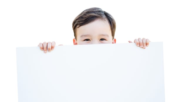 Chinese and Caucasian Boy Holding Blank Poster Board Isolated on White Background.