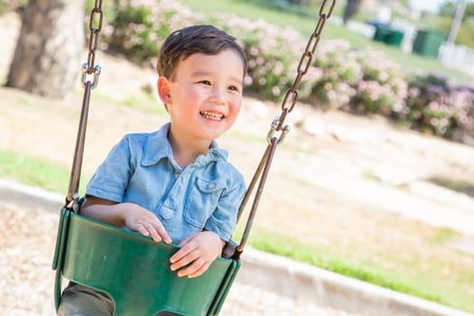 Chinese and Caucasian Boy Having Fun On The Swings At Playground.