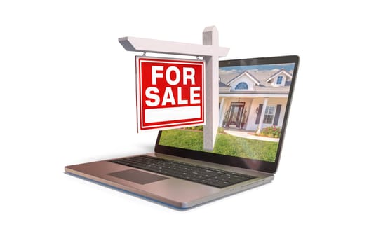 For Sale Real Estate Sign Popping Out of Computer Laptop Screen Isolated on a White Background.