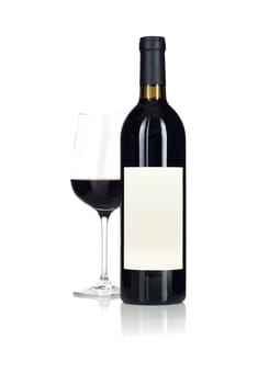 Wine Glass and Bottle with Blank Label Ready For Graphic and Text Isolated on White.