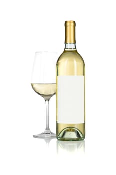 Wine Glass and Bottle with Blank Label Ready For Graphic and Text Isolated on White.