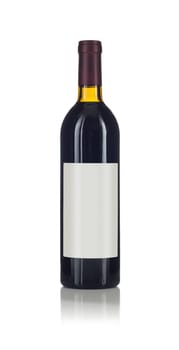 Wine Bottle with Dark Colored Wine and Blank Wine Label Ready for You Own Design and Text Against a White Background..