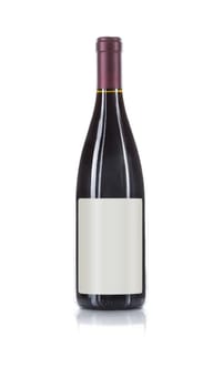 Wine Bottle with Dark Colored Wine and Blank Wine Label Ready for You Own Design and Text Against a White Background..
