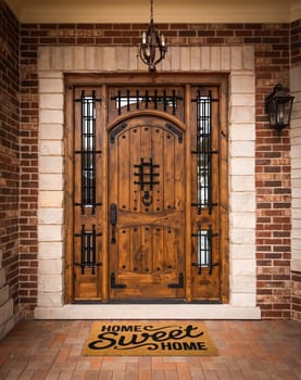 Home Sweet Home Welcome Mat At Custom Front Door of House.