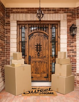 Several Packages Sitting on Home Sweet Home Welcome Mat At Front Door of House.