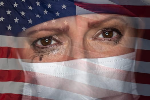 Tearful Stressed Female Doctor or Nurse Wearing Medical Face Mask on Ghosted American Flag Background.