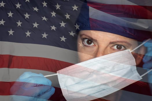 Doctor or Nurse Wearing Medical Face Mask and Scrubs with Ghosted American Flag.