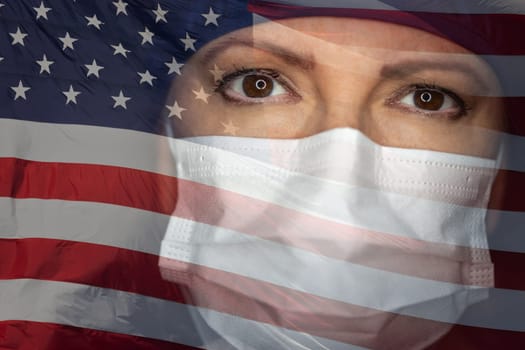 Doctor or Nurse Wearing Medical Face Mask and Scrubs with Ghosted American Flag.