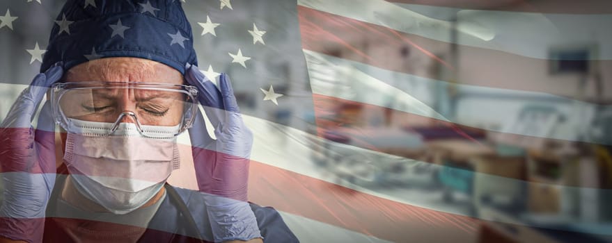 Stressed Doctor or Nurse Wearing Medical Personal Protective Equipment (PPE) Within Hospital Against Ghosted American Flag.