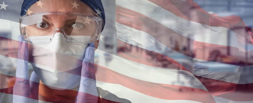 Doctor or Nurse Wearing Medical Personal Protective Equipment (PPE) Within Hospital Against Ghosted American Flag.