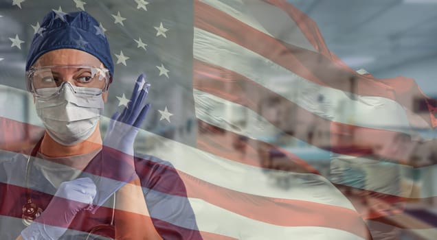 Doctor or Nurse Wearing Medical Personal Protective Equipment (PPE) Within Hospital Against Ghosted American Flag.