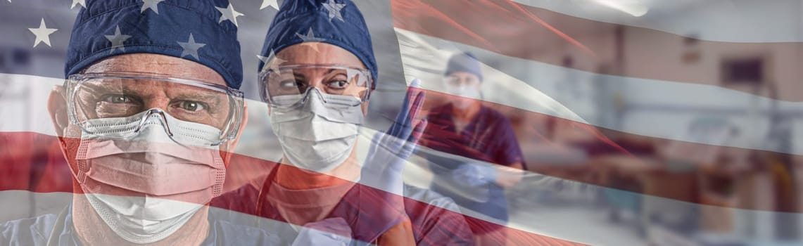 Doctors or Nurses Wearing Medical Personal Protective Equipment (PPE) Within Hospital Against Ghosted American Flag Banner.
