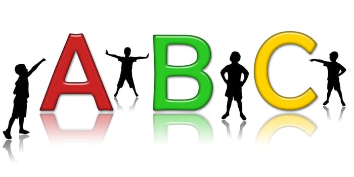 Illustration of letters of the alphabet with silhouettes of children
