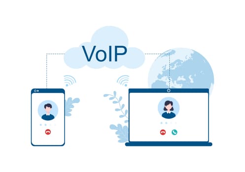 VOIP or Voice Over Internet Protocol with Telephony Scheme Technology and Network Phone Call Software in Template Hand Drawn Cartoon Flat Illustration