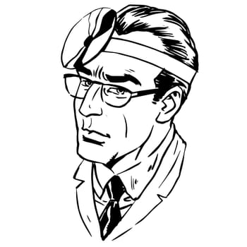 Therapist line art ear nose throat. Graphics portrait of a man health medical theme