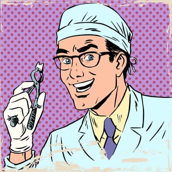 Funny dentist pulled out a tooth. Pop art retro comic book. Male health medicine. The effect of old paper