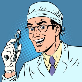 Funny dentist pulled out a tooth. Pop art retro comic book. Male health medicine
