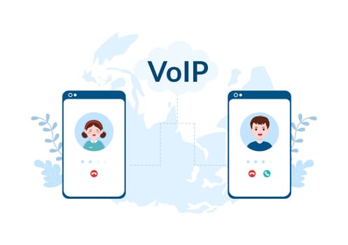 VOIP or Voice Over Internet Protocol with Telephony Scheme Technology and Network Phone Call Software in Template Hand Drawn Cartoon Flat Illustration