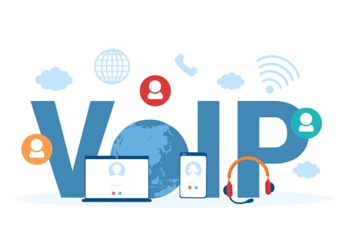 VOIP or Voice Over Internet Protocol with Telephony Scheme Technology and Network Phone Call Software in Template Hand Drawn Cartoon Flat Illustration