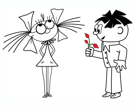 The boy gives flowers to the girl. The comic image of children