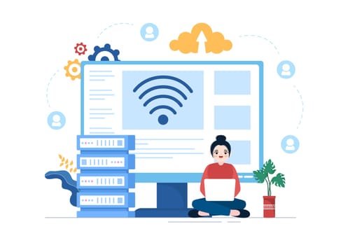 Intranet Internet Network Connection Technology to Share Confidential Company Information in Template Hand Drawn Cartoon Flat Illustration
