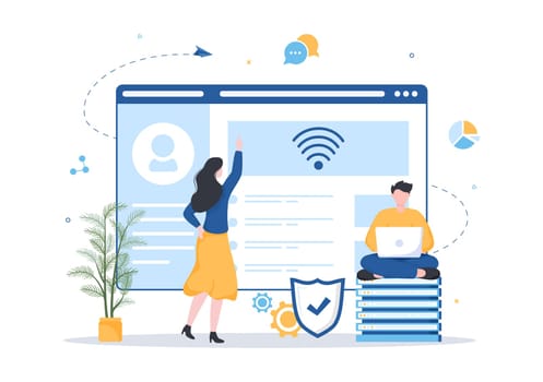 Intranet Internet Network Connection Technology to Share Confidential Company Information in Template Hand Drawn Cartoon Flat Illustration