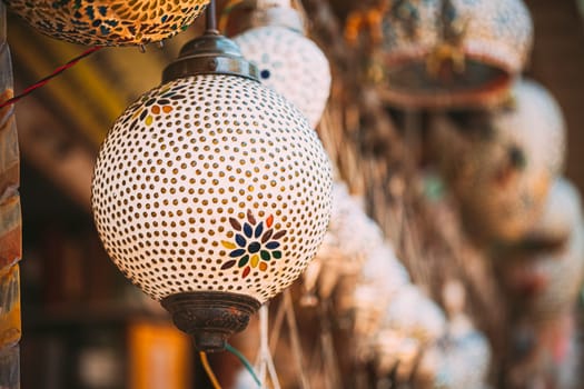 India. Market With Many Traditional Colorful Handmade Indian Lamps And Lanterns. Lanterns Hanging In Shop For Sale. Popular Souvenirs From India.