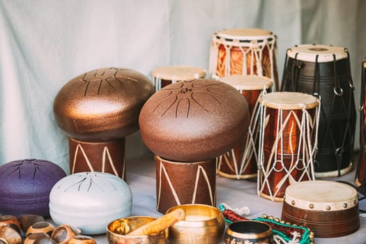Canacona, Goa, India. Steel Tongue Drum And Other Drums In Market.