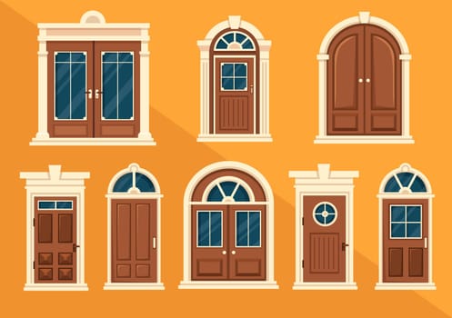 House Architecture with Set of Doors and Windows Various Shapes, Colors and Sizes in Template Hand Drawn Cartoon Flat Background Illustration