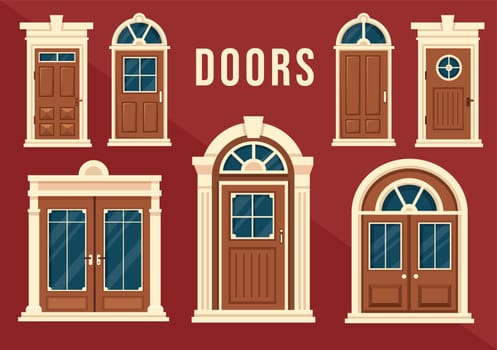 House Architecture with Set of Doors and Windows Various Shapes, Colors and Sizes in Template Hand Drawn Cartoon Flat Background Illustration