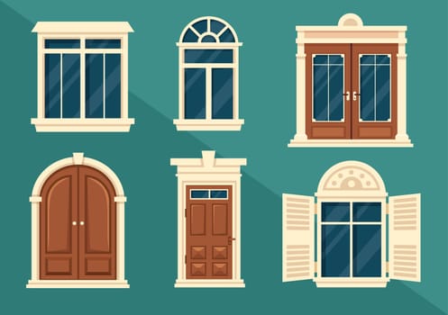 House Architecture with Set of Doors and Windows Various Shapes, Colors and Sizes in Template Hand Drawn Cartoon Flat Background Illustration