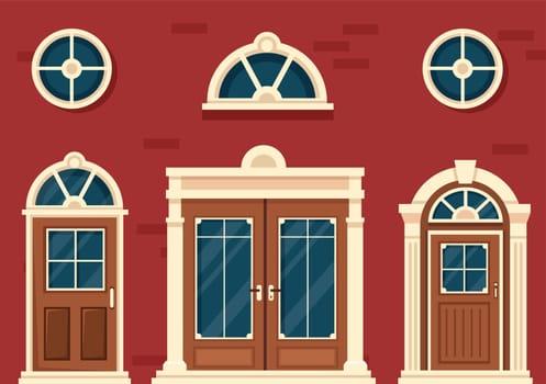 House Architecture with Set of Doors and Windows Various Shapes, Colors and Sizes in Template Hand Drawn Cartoon Flat Background Illustration