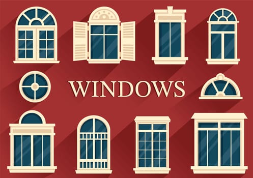 House Architecture with Set of Doors and Windows Various Shapes, Colors and Sizes in Template Hand Drawn Cartoon Flat Background Illustration