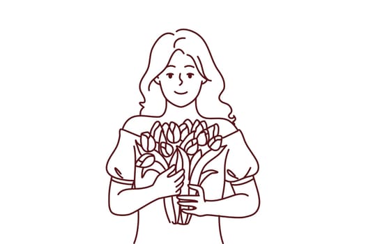 Portrait of smiling woman holding flowers in hands. Happy girl with bouquet feeling happy celebrating birthday anniversary. Vector illustration.