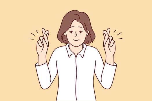 Smiling young woman cross fingers make wish. Happy female do hand gesture ask or hope for best. Vector illustration.