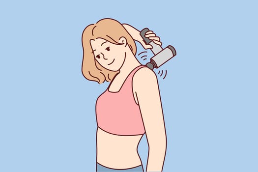Young woman massage back with electric massager. Smiling girl relieve backache with electronic massaging device. Vector illustration.
