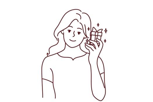Smiling young woman with present in hands excited with birthday celebration. Happy girl with gift box having anniversary. Vector illustration.