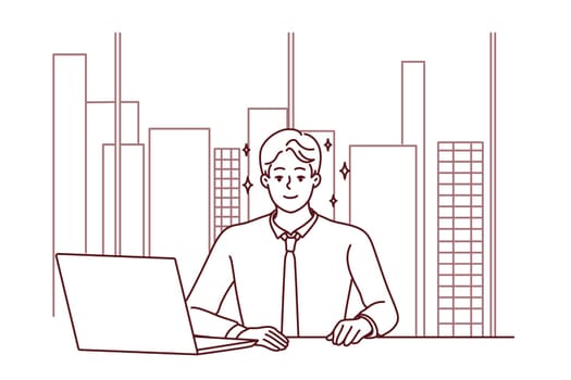 Successful young businessman sit at desk in modern office working on computer. Smiling male employee work on laptop in company workplace. Vector illustration.