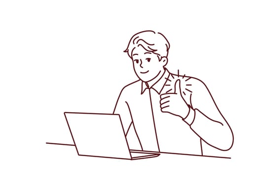 Happy young businessman sit at desk work on laptop show thumb up. Smiling male employee recommend company service. Recommendation. Vector illustration.