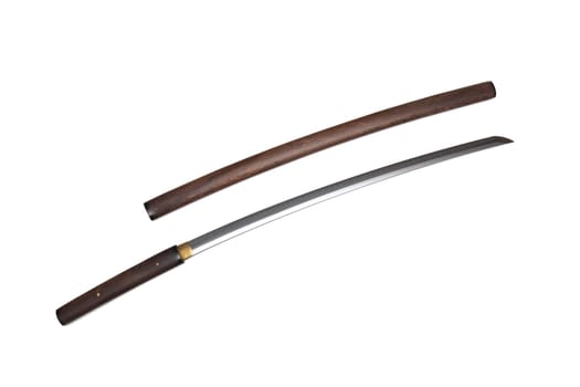 Japanese sword show blade with wooden scabbard isolated in white background. This kind of Japanese sword is called 'Shirasaya'
