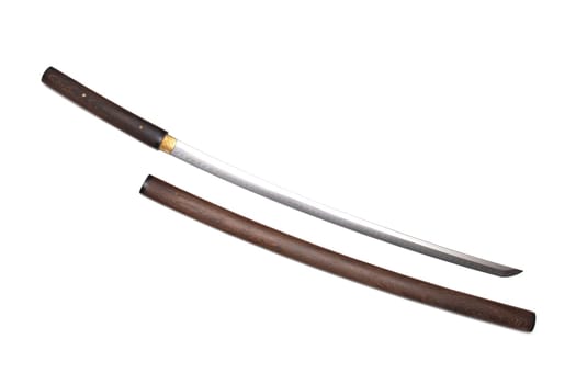 Japanese sword show blade with wooden scabbard isolated in white background. This kind of Japanese sword is called 'Shirasaya'