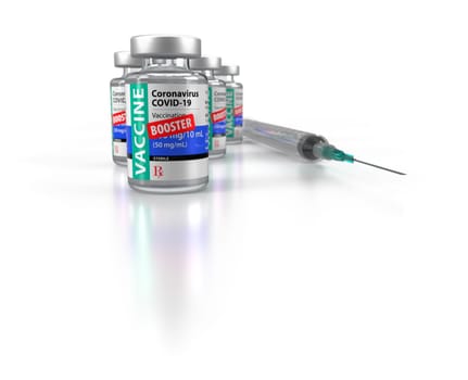 Coronavirus COVID-19 Vaccine Booster Vials and Syringe On Reflective White Background.