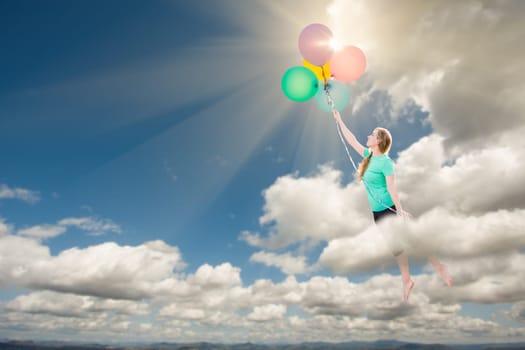 Young Adult Female Being Carried Up and Away Into The Clouds By Balloons That She Is Holding.