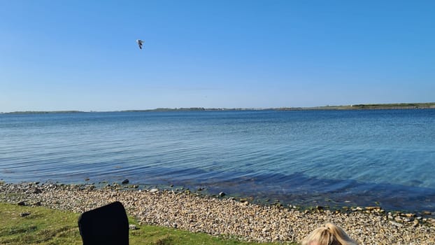 View over the sea from the dune over North Sea and canal in Ouddorp, Zeeland province, The Netherlands. Outdoor scene of coast in Europe nature.
